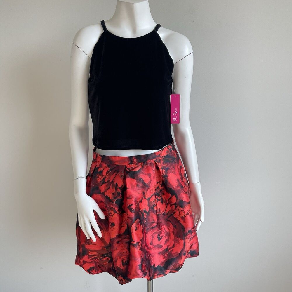BCX Big Girls Size 16 2pc Scalloped Velvet Top & Floral Bubble Skirt Set Holiday